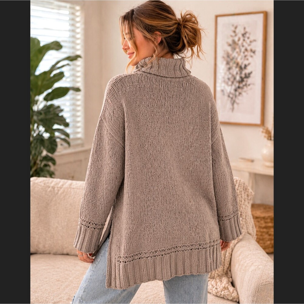 Aerie Oversized Turtleneck Sweater XS Taupe Chenille Knit Cozy Soft Slouchy Boho - Picture 6 of 12
